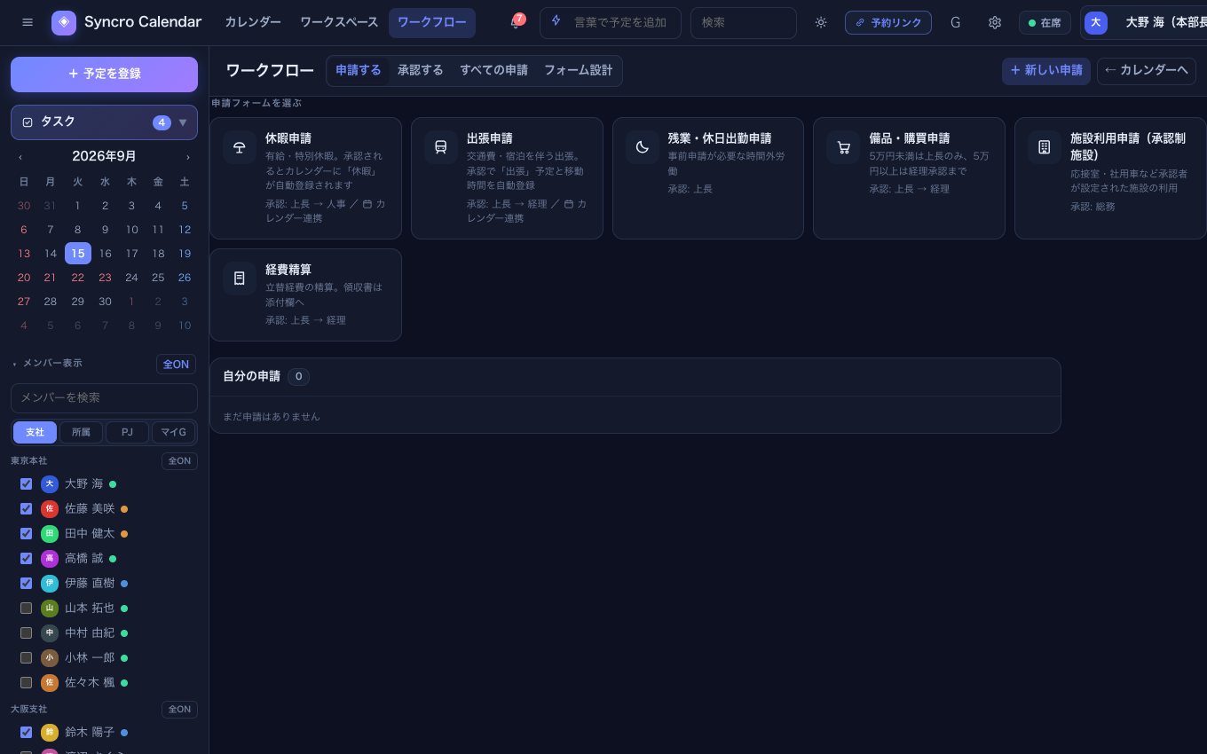 ワークフロー画面。承認する／申請する／すべてのタブと、休暇・出張・残業・購買・施設利用・経費精算のフォーム。